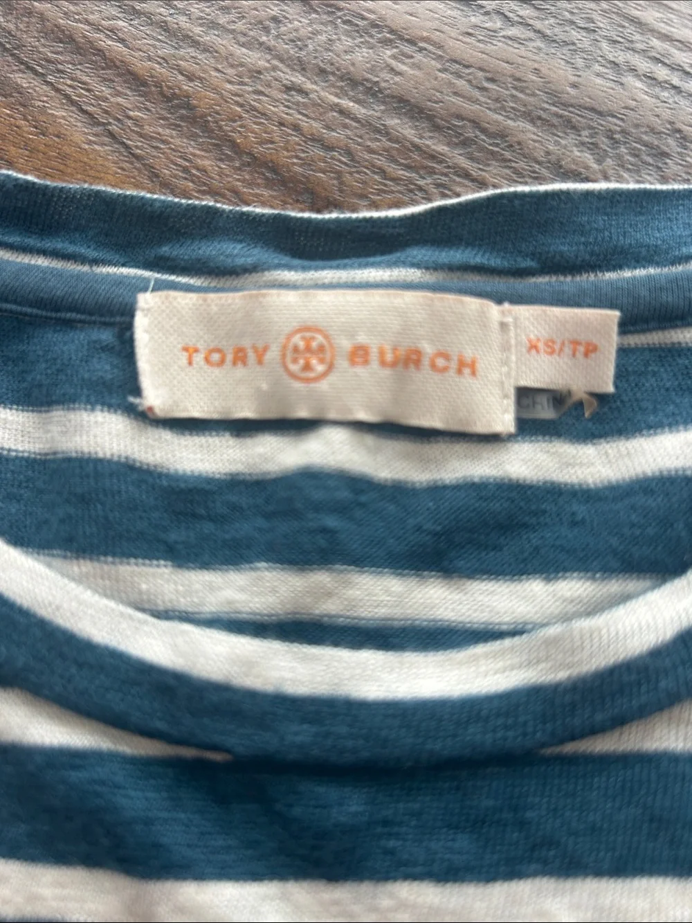 Tory Burch Teal and White Striped Layered Hem Long-Sleeve Top